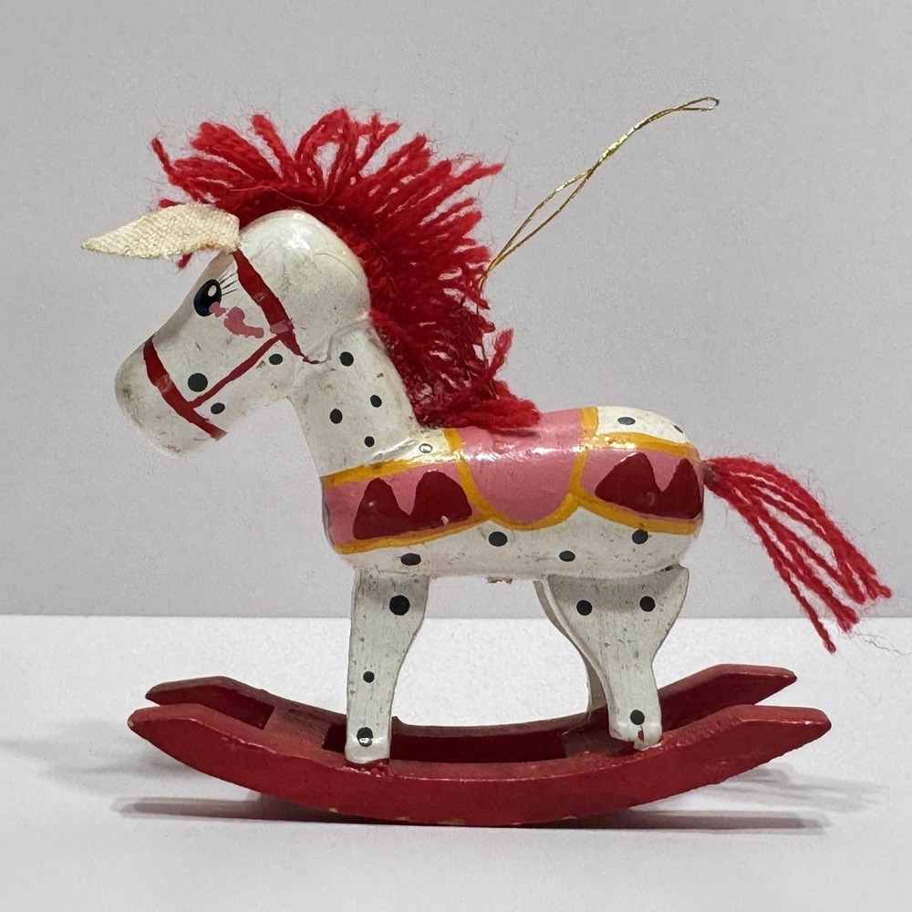 Vintage Wooden Rocking Horse Pony Ornament Wood Christmas Polka Dot Red Pink